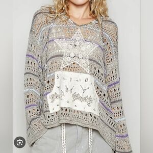 POL Lace Star Oversized Crochet Knit Hoodie Size Large